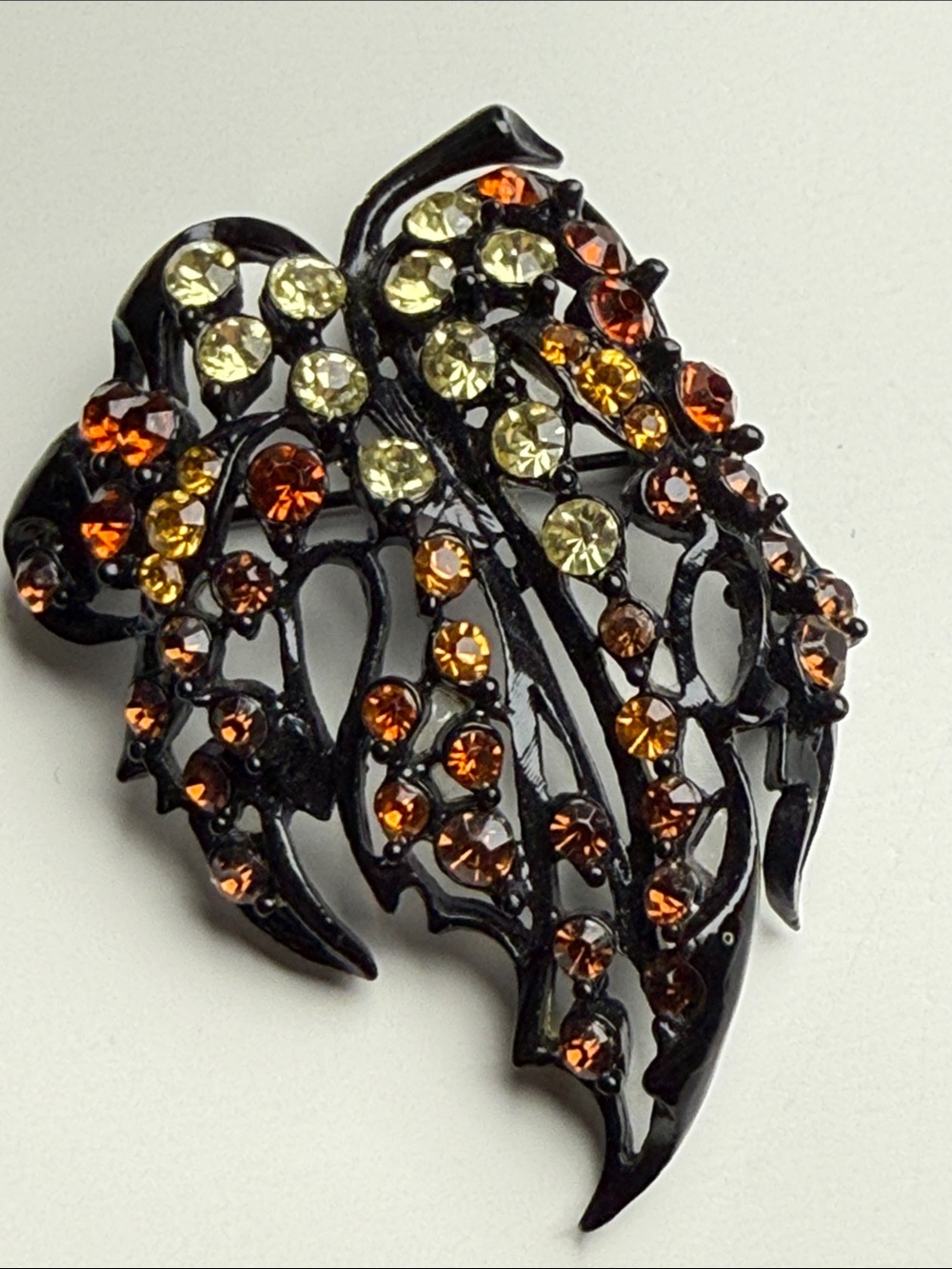Vintage Florenza Black Wing Orange yellow Rhinestone Brooch pin gothic unusual
